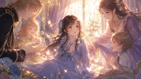 光に包まれ家族に迎えられる令嬢のアニメイラスト