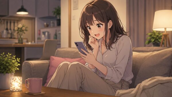 自宅のソファでスマホ漫画を楽しむ日本人女性