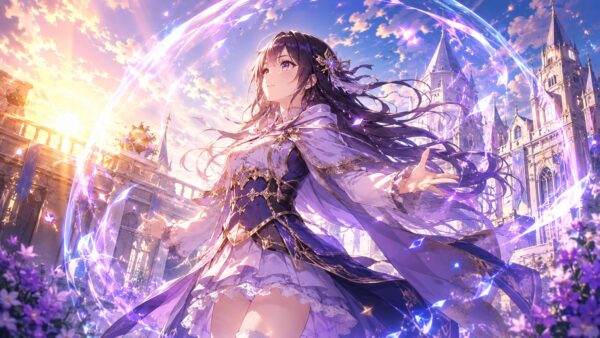 魔法の光に包まれ自立へ進む令嬢の幻想的な場面