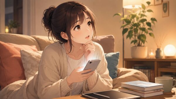 スマホで死に戻り令嬢漫画の配信先を探す女性
