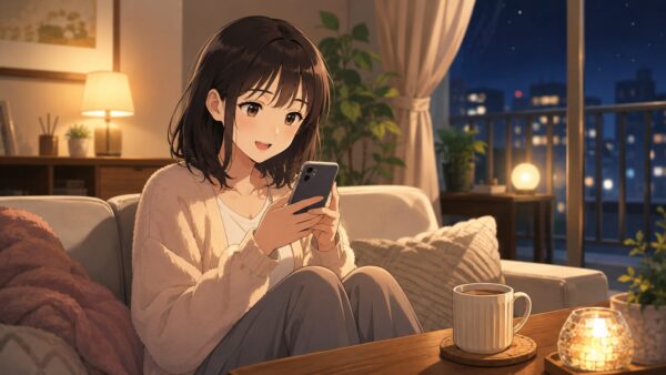 仕事終わりに部屋でスマホ漫画を読む20代女性
