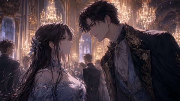 華やかな夜会で令嬢と危うい雰囲気の男性が向き合う場面