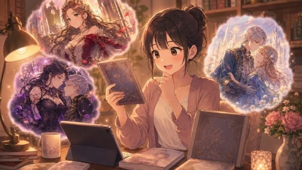 幻想ロマンス漫画を選ぶ日本人女性と物語のイメージ場面