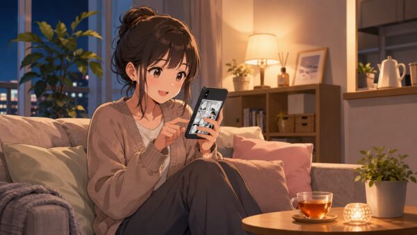 仕事終わりに部屋でスマホ漫画を楽しむ日本人女性
