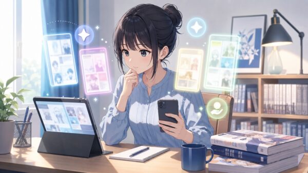 電子書籍サービスを比較しながら漫画を探す女性