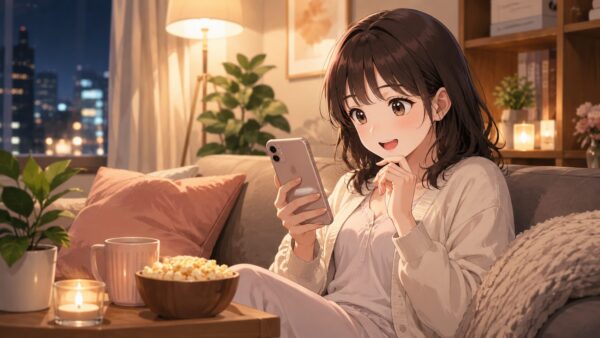 仕事終わりにスマホで漫画を楽しむ日本人女性