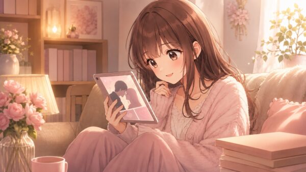 部屋でタブレットを見ながら恋愛漫画を楽しむ日本人女性