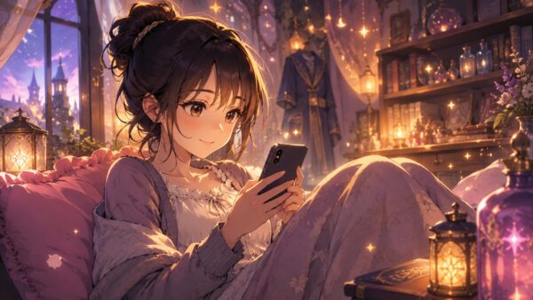 魔法の雰囲気の部屋でスマホ漫画を読む日本人女性