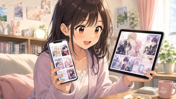 スマホとタブレットで漫画配信を確認する日本人女性