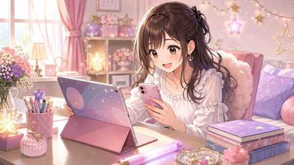 推し活部屋でタブレットとスマホを見る日本人女性