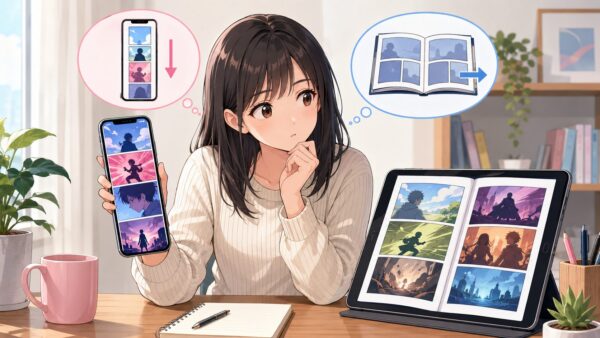 スマホのタテヨミ漫画とタブレットの通常版を比較する日本人女性