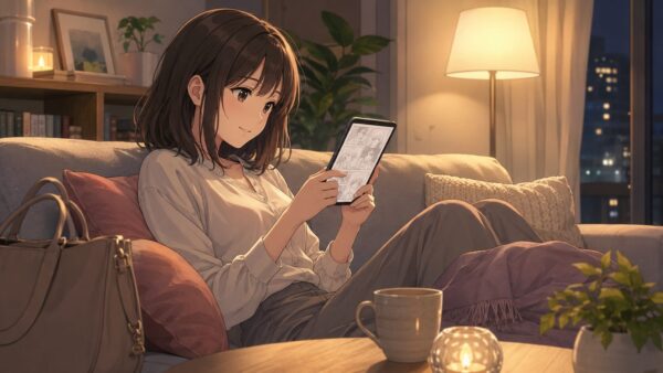 夜のリビングでスマートフォンの女性向け漫画を読む日本人女性