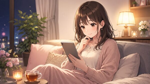 夜のリビングでタブレットを使い電子漫画を読む日本人女性