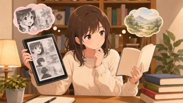 タブレットの漫画と開いた小説を見比べながら考える日本人女性のアニメ画像