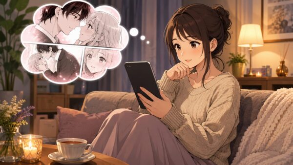 自宅のソファでタブレットを使い恋愛漫画を読む日本人女性