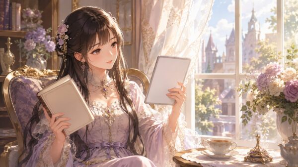 窓辺で電子書籍端末と本を見比べるドレス姿の令嬢
