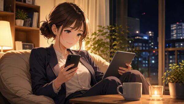 仕事終わりの日本人女性がスマホとタブレットで継母の心得の配信サービスを調べるアニメ風イラスト