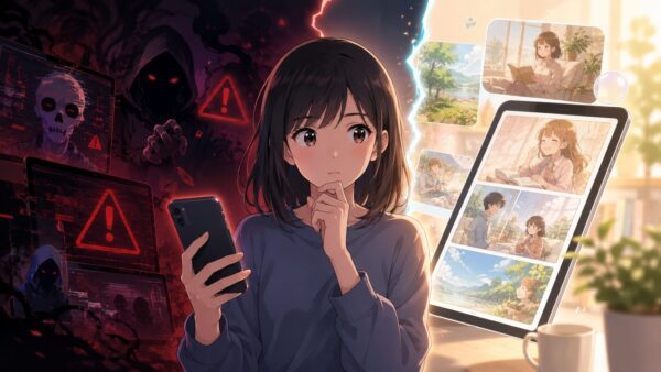 違法漫画サイトの危険性と正規電子書籍サービスの安全性を比較する日本人女性のアニメ風イラスト