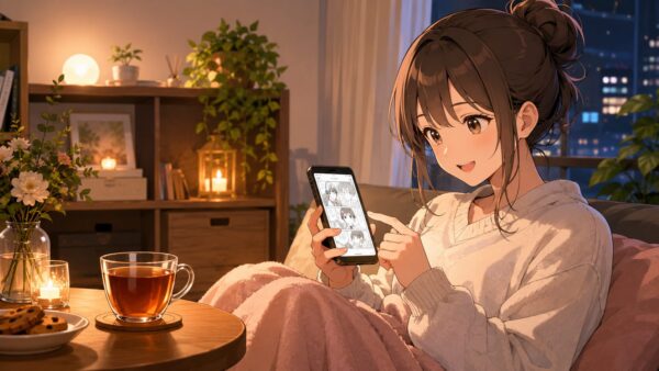 仕事終わりにスマホで漫画を読む日本人女性のアニメ風イラスト