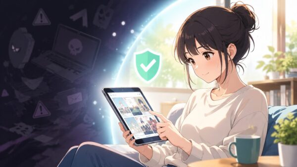 違法サイトを避けて安全に電子漫画を読む日本人女性のアニメ風イラスト