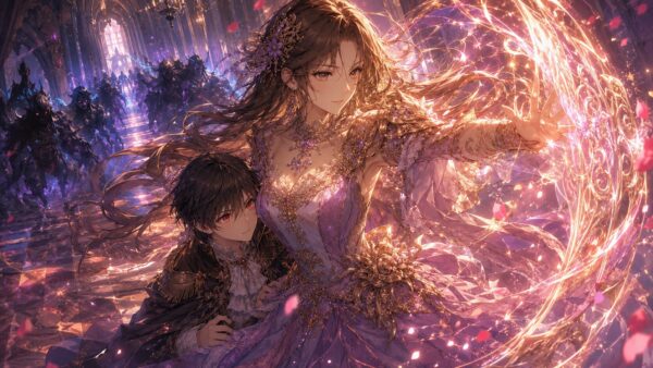 魔法の盾で皇子を守る華やかなドレス姿の令嬢