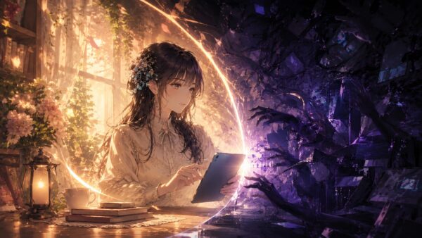 明るい画面と暗い影の間でタブレットを選ぶ女性