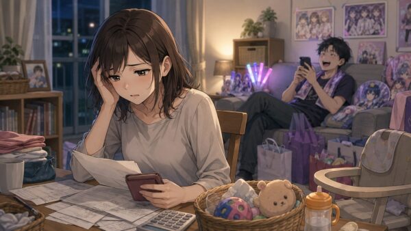 家計書類を前に悩む妻と推し活に夢中で家庭を顧みない夫