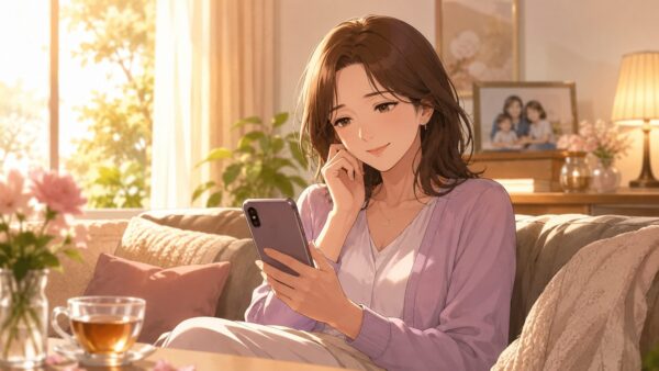 スマートフォンで大人向け恋愛漫画を読む40代の日本人女性