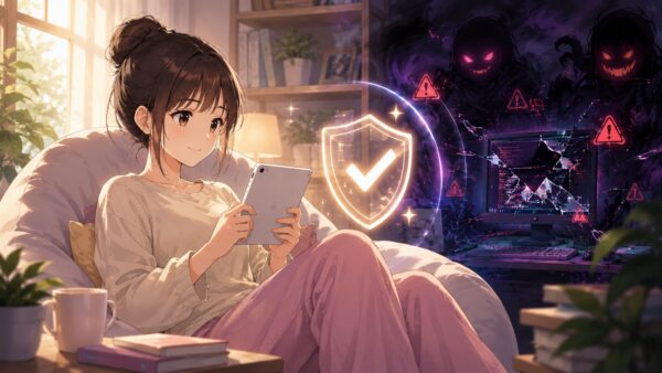 安全に漫画を読む女性と危険な違法サイトの対比