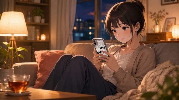 仕事終わりの女性が自宅でスマホ漫画を楽しむくつろぎ時間
