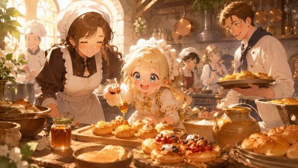 城の厨房で幼い少女が蜂蜜を使いお菓子作りを手伝う様子
