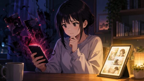 スマホの怪しい画面に不安を感じる女性と安全な電子書籍画面