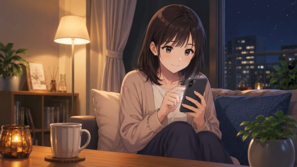 自宅でスマホとタブレットを使い漫画を読む女性