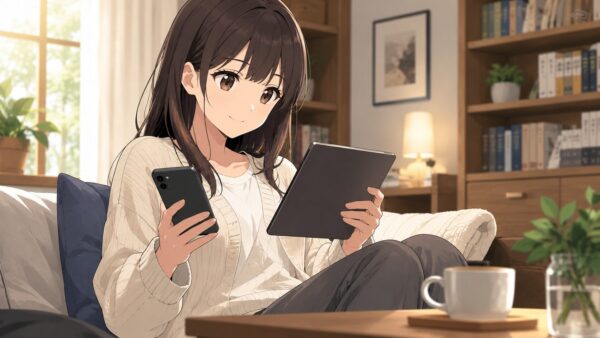 夜のリビングでスマホを見ながら安心して漫画を読む女性