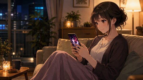 夜のリビングでスマホ漫画を楽しむ日本人女性