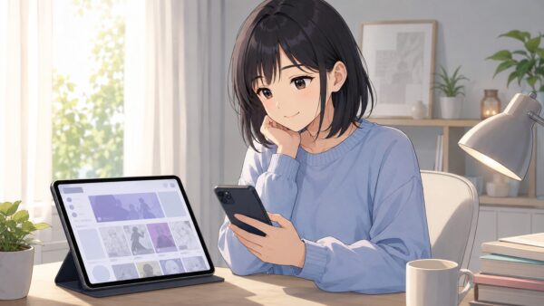 明るい部屋で正規サービスの漫画を選ぶ日本人女性