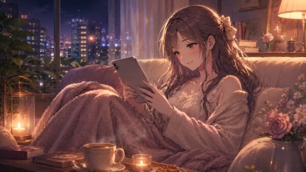 夜の部屋でタブレットを見ながら漫画を楽しむ若い女性