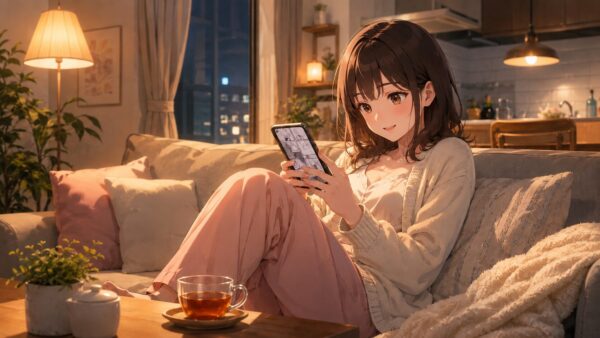 夜のリビングでスマホ漫画を楽しむ20代女性と温かい部屋