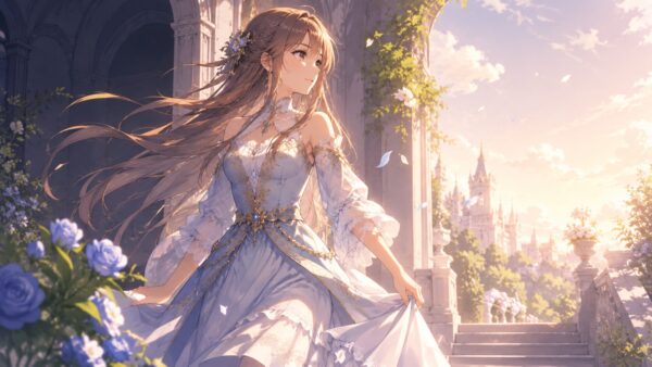 朝日の庭園で前を向く青いドレスの令嬢と城の風景
