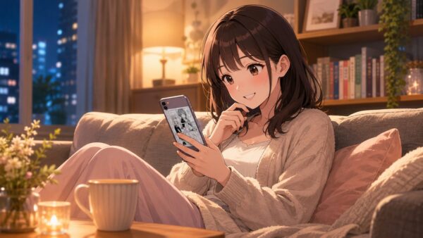 夜の部屋でスマホ漫画を楽しむ女性と温かな読書時間の様子