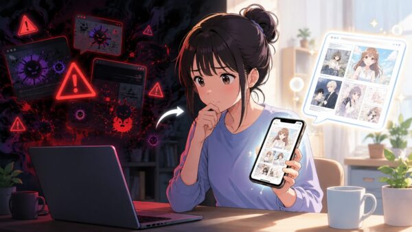 危険な漫画サイトを避け安全な読み方を選ぶ女性の様子