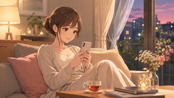 温かな灯りの夜の部屋でスマホ漫画を読む20代女性の姿