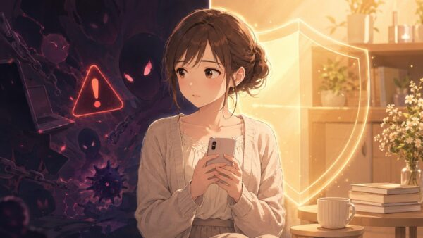 危険なサイトを避け安全に漫画を読む女性のイメージ