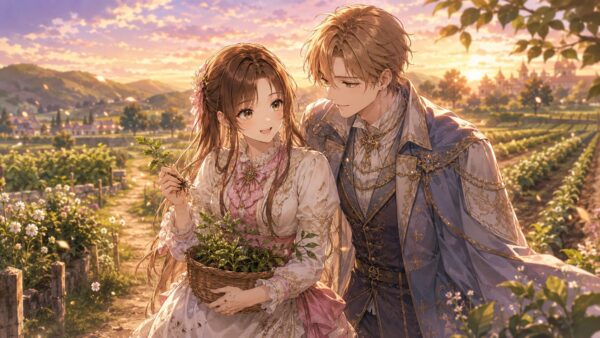 夕暮れの畑で苗を持つ令嬢と寄り添う王子のロマンス風景