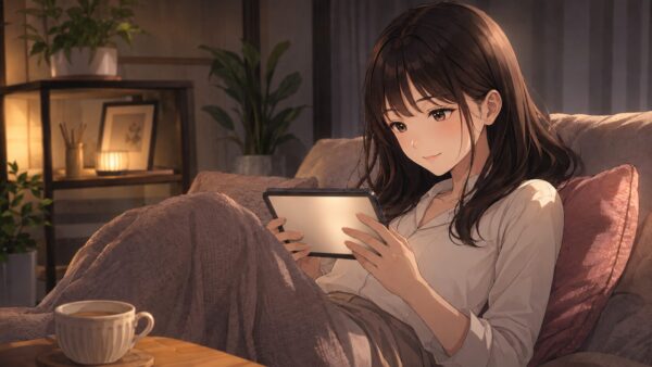 夜のリビングでタブレットを見ながら漫画を楽しむ日本人女性