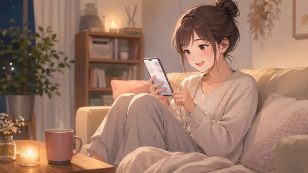 温かな部屋で仕事終わりにスマホ漫画を楽しむ20代女性