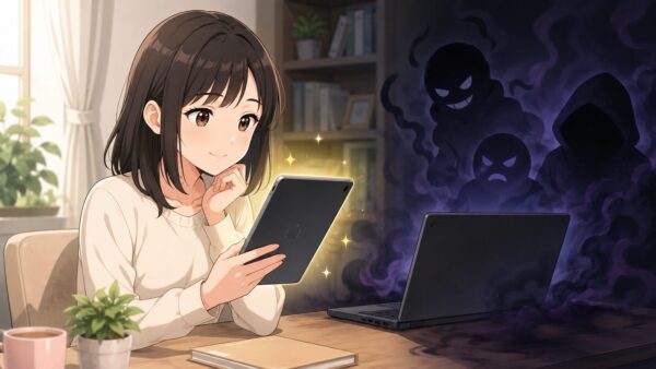 安心して明るい端末を選び暗い危険サイトを避ける若い女性