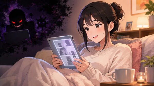 自宅で安全な電子書籍サービスを使い漫画を読む日本人女性