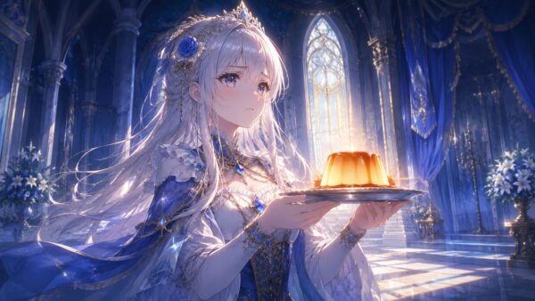 宮殿でプリンを差し出す銀髪の王女の幻想的なアニメイラスト