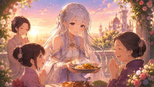 夕暮れの庭で料理を振る舞う王女と笑顔の人々のアニメイラスト